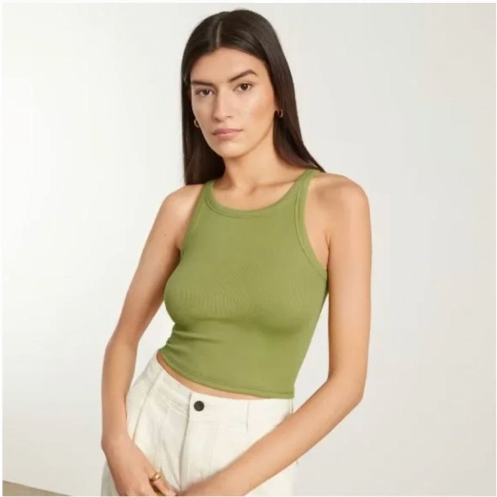 Everlane The Pima Micro-Rib Short Tank Green Solid Basic Lightweight Sz M
